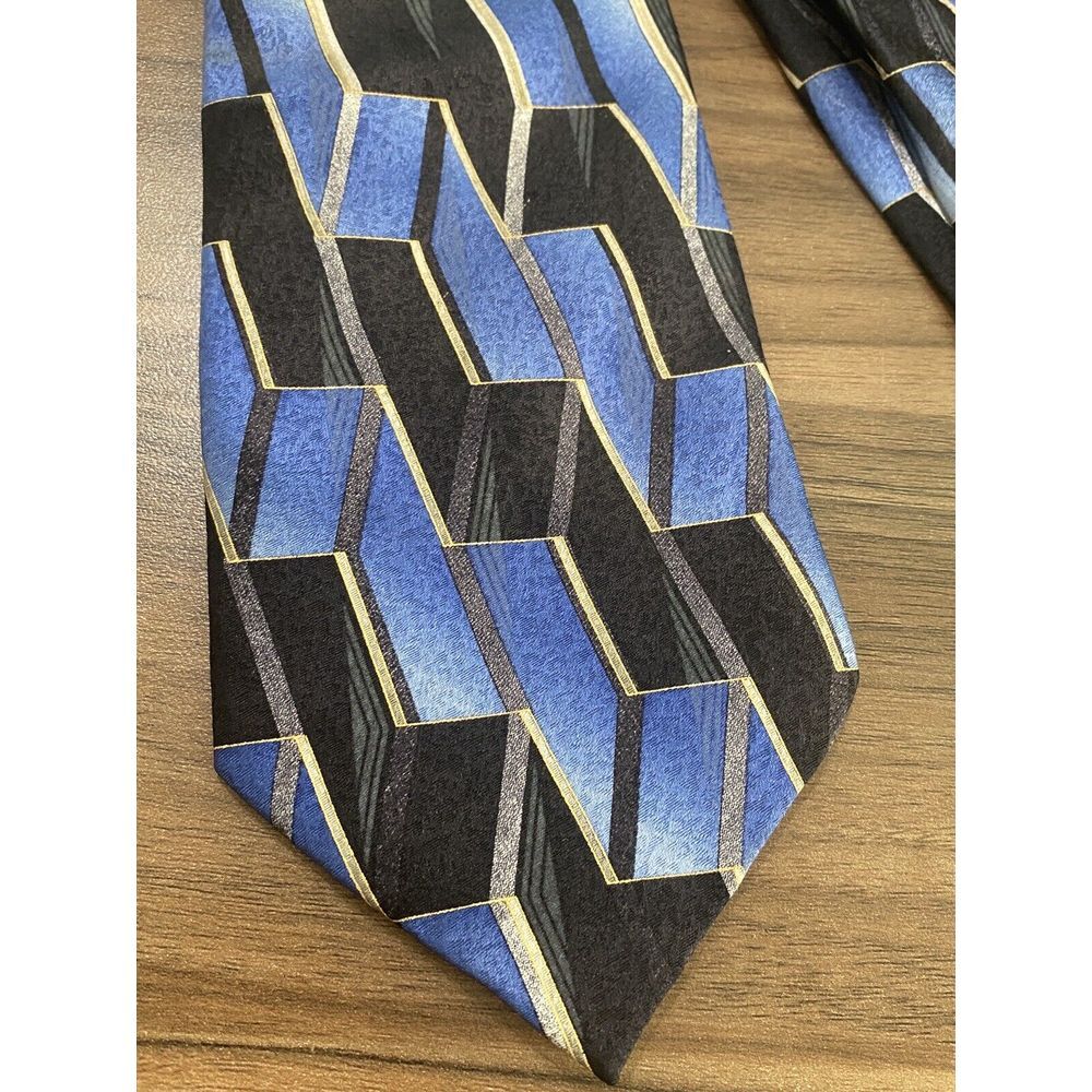 Men's Necktie Modern Geometric Blue Gray‎ Black PIERRE CARDIN 100% Silk 61" Long